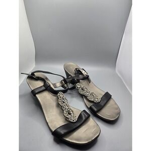 Bandolino Womens Black Leather Rhinestones Wedge Heel Slingback Sandals Size 9 M
